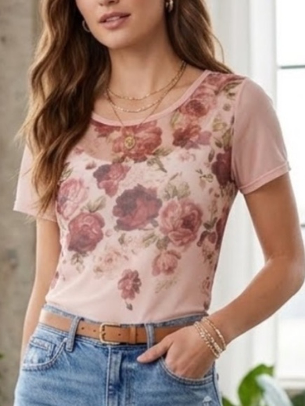 Y2K Fairy Sheer Mesh Fitted Top Floral Pink Cottagecore Romantic Soft Girl Large